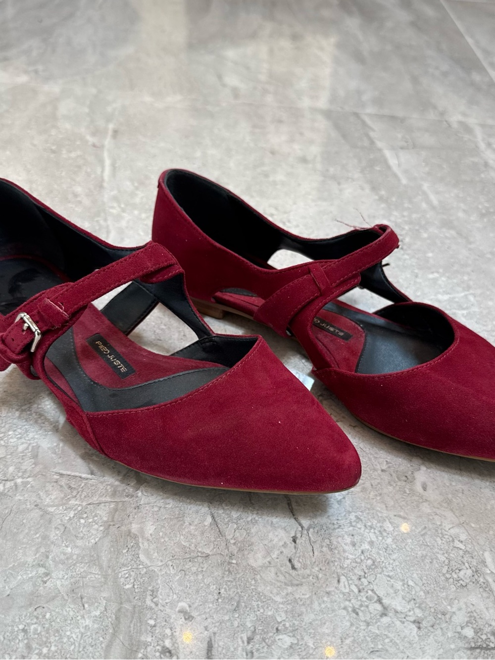 Women's Burgundy Suede T-Strap Flats